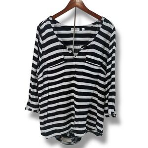 St. John's Bay Top Blouse Women's XL Rayon Roll Tab Sleeve Black White Stripe